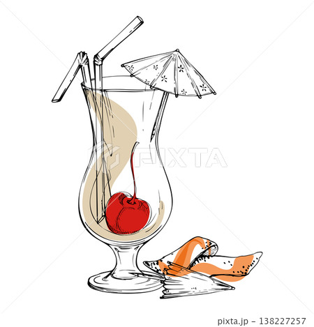 Minimal vector Pina Colada, creamy milkshake hurricane glass with cherry fruit, lemon zest peel, straws and paper umbrellas. Hand drawn in ink for cafe dessert menus, tropical sets, bar design kits. Minimal vector Pina Colada, creamy milkshake hurricane glass with cherry fruit, lemon zest peel, straws and paper umbrellas. Hand drawn in ink for cafe dessert menus, tropical sets, bar design kits. 138227257