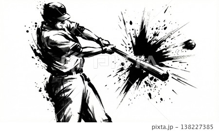 バットをスイングする野球選手の墨絵 138227385