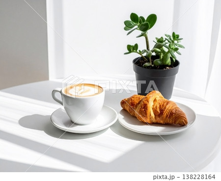 朝の光が差し込むカフェテーブル コーヒーとクロワッサン 138228164