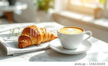 新聞とクロワッサン 朝のカフェシーン（ナチュラル光） 138228165