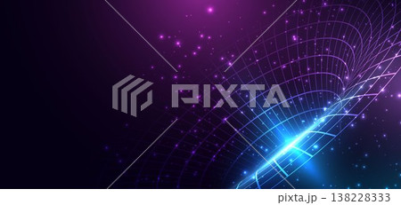 Futuristic blue and pink digital tunnel lines with lighting effect sparkle on dark background. 138228333