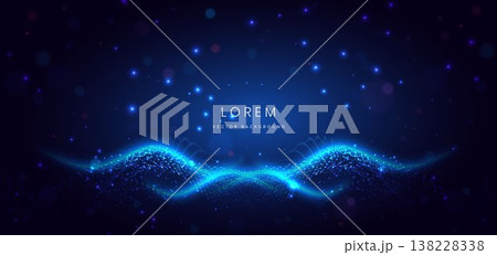 Futuristic digital blue wave dot lines glowing on dark background. 138228338