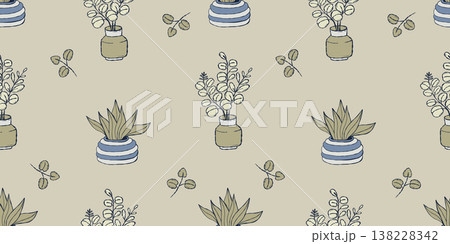 Seamless Pattern with Plant in Pot and Eucalyptus Branches in Vase on Light Background. Minimalist Botanical Home Jungle Decor Template Hand Drawing Doodle. Horizontal Vector Illustration. 138228342