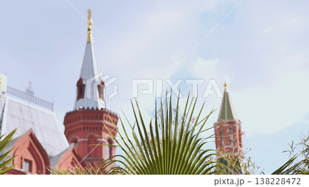 Tropical plants framing the towers of the Moscow Kremlin Tropical plants framing the towers of the Moscow Kremlin 138228472