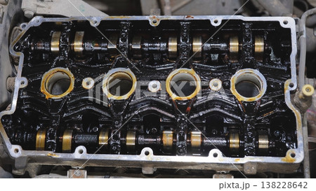 Car engine with sludge and oil waste needing maintenance and repair 138228642