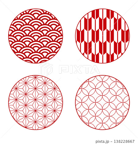 和柄, 伝統模様, 七宝, 青海波, 麻の葉, 亀甲, 紗綾形, 市松模様, 和風デザイン 138228667
