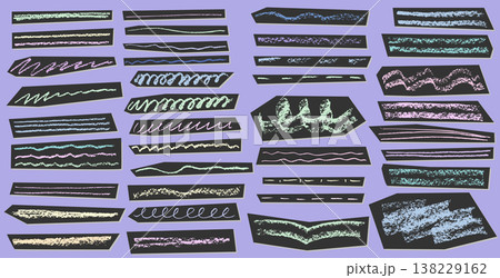 Colorful crayon strokes and pencil lines create playful emphasis marks, underlines, and hand-drawn textures perfect for creative crayon designs and artistic backgrounds. 138229162