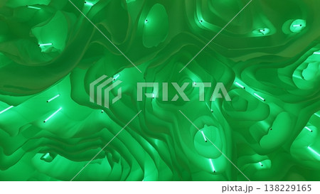 Green organic flowing shapes and illuminated elements creating a modern art installation Green organic flowing shapes and illuminated elements creating a modern art installation 138229165