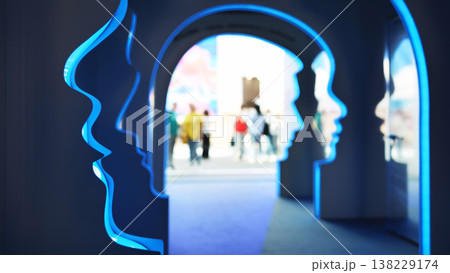Human mind profiles creating a deep perspective on a blue neon lit pathway 138229174