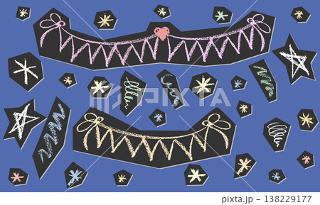 Festive birthday party set with crayon style flag, heart, confetti decorations. Playful chalk textured illustrations perfect for children celebration designs and invitations. Festive birthday party set with crayon style flag, heart, confetti decorations. Playful chalk textured illustrations perfect for children celebration designs and invitations. 138229177
