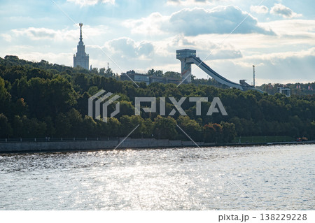 Moskva River with Vorobyovy Gory, Moscow State University, and ski jump vista 138229228