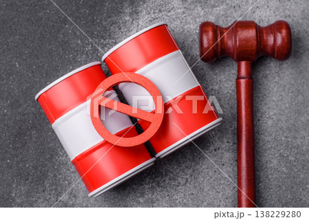 Metal barrels containing oil, gas, or chemicals, with a prohibition sign. Oil barrels 138229280