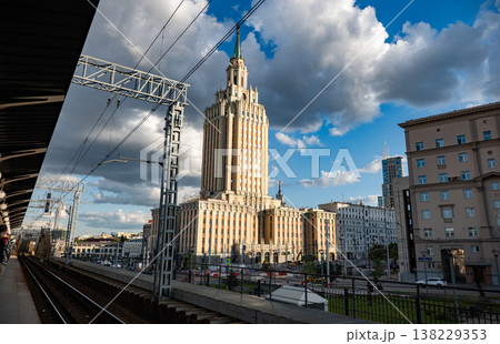 Moscow Komsomolskaya railway station platform overlooking Hotel Leningradskaya, Stalinist skyscraper 138229353