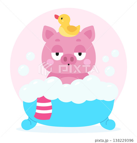 Funny cartoon pig taking a bubble bath with a rubber duck on its head. Vector illustration, isolated background Funny cartoon pig taking a bubble bath with a rubber duck on its head. Vector illustration, isolated background 138229396