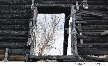 Burnt facade of a wooden house with a window opening showing a bare tree and sky 138229397