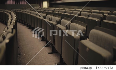 Empty seats curving in an auditorium, highlighting the concept of vacancy and waiting Empty seats curving in an auditorium, highlighting the concept of vacancy and waiting 138229418