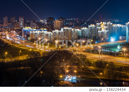 Minsk city night panorama with illuminated roads and residential buildings 138229434