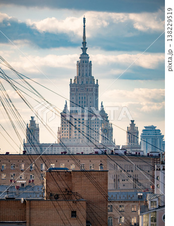Lomonosov Moscow State University building dominating cityscape with overhead wires Lomonosov Moscow State University building dominating cityscape with overhead wires 138229519