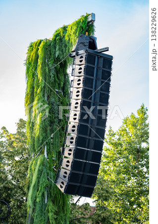 Line array speaker system hanging on a plant-covered column at an outdoor event 138229626