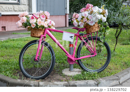 Pink bicycle decorated with flower baskets on green grass, urban garden art display Pink bicycle decorated with flower baskets on green grass, urban garden art display 138229702