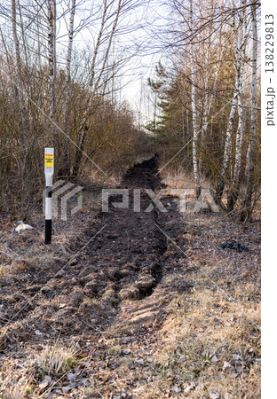 Muddy forest trail with marker post showing difficult rural path 138229813