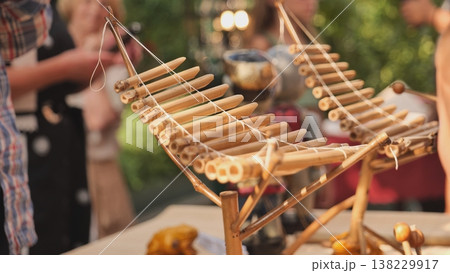 Musician playing vietnamese traditional bamboo xylophone, at Moscow festival 138229917