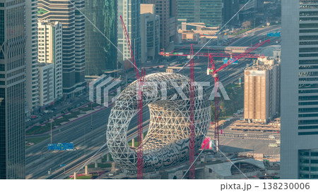 Construction site of the Museum of the Future aerial timelapse, next iconic building of Dubai. Construction site of the Museum of the Future aerial timelapse, next iconic building of Dubai. 138230006