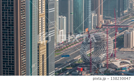 Construction site of the Museum of the Future aerial timelapse, next iconic building of Dubai. 138230047