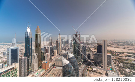 Skyline view of the buildings of Sheikh Zayed Road and DIFC aerial timelapse in Dubai, UAE. Skyline view of the buildings of Sheikh Zayed Road and DIFC aerial timelapse in Dubai, UAE. 138230056