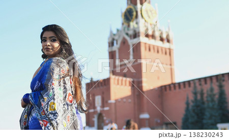 Bangladeshi woman posing in saree outside Spasskaya Tower in Moscow, Russia 138230243