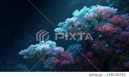 光の粒子が漂う美しく輝く海中の生態系（CGアート） 138230285