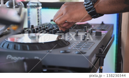 Dj mixing music on professional console at event in India 138230344