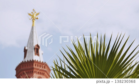 Tropical plant framing Moscow Kremlin tower with golden double-headed eagle 138230368