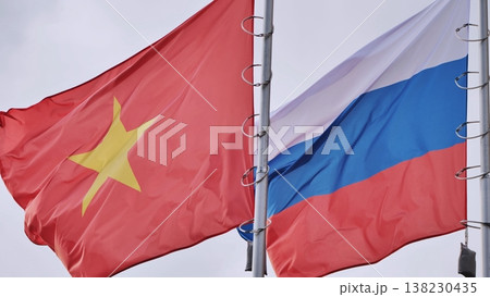 National flags of Vietnam and Russia flying side by side on flagpoles National flags of Vietnam and Russia flying side by side on flagpoles 138230435