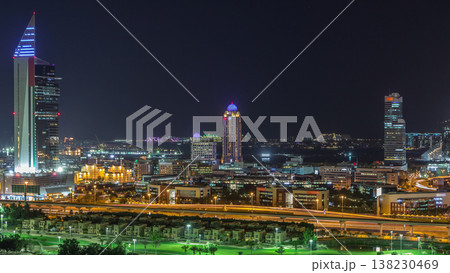 Dubai media city skyscrapers and golf course night timelapse, Dubai, United Arab Emirates Dubai media city skyscrapers and golf course night timelapse, Dubai, United Arab Emirates 138230469