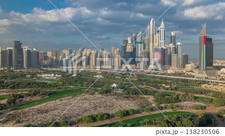Dubai Marina skyscrapers and golf course morning timelapse, Dubai, United Arab Emirates 138230506