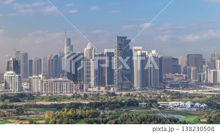Dubai Marina skyscrapers and golf course morning timelapse, Dubai, United Arab Emirates 138230508