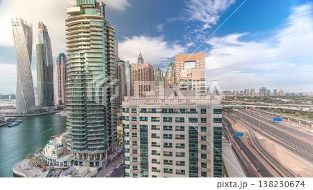 Aerial top view to Sheikh Zayed road near Dubai Marina timelapse, Dubai. 138230674