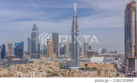 Aerial morning cityscape with architecture of Dubai downtown timelapse, United Arab Emirates. 138230860