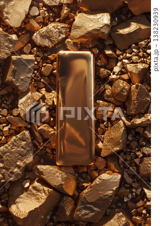 Top view of shiny gold ingot resting on a pile of gold nuggets 138230939