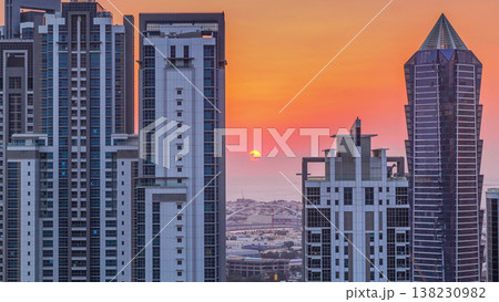 Sunset behind modern residential and office complex aerial timelapse at Business Bay, Dubai Sunset behind modern residential and office complex aerial timelapse at Business Bay, Dubai 138230982