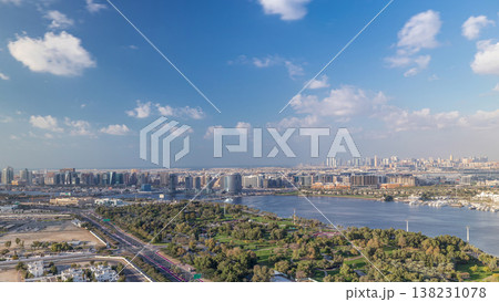 View of new modern buildings at sunny day in luxury Dubai city, United Arab Emirates Timelapse Aerial View of new modern buildings at sunny day in luxury Dubai city, United Arab Emirates Timelapse Aerial 138231078