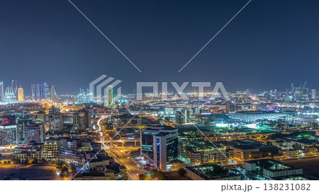 View of new modern buildings in luxury Dubai city, United Arab Emirates Timelapse Aerial 138231082
