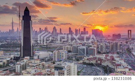 View of sunset in luxury Dubai city at sunset aerial timelapse 138231086