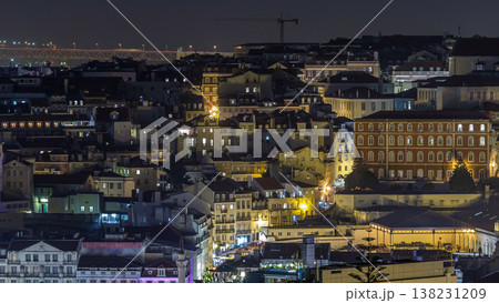 Lisbon aerial view of city centre with illuminated building at night timelapse, Portugal 138231209