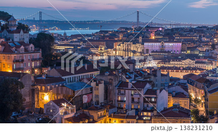 Lisbon panorama after sunset aerial view of city centre with red roofs at autumn day to night timelapse, Portugal Lisbon panorama after sunset aerial view of city centre with red roofs at autumn day to night timelapse, Portugal 138231210