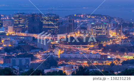 Panoramic view over Lisbon and Almada from a viewpoint in Monsanto night to day timelapse. Panoramic view over Lisbon and Almada from a viewpoint in Monsanto night to day timelapse. 138231216