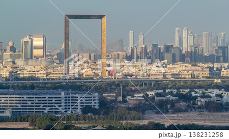 Skyline view of Deira and Sharjah districts in Dubai timelapse before sunset, UAE. 138231258