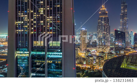 Dubai downtown skyline night timelapse with tallest building and Sheikh Zayed road traffic, UAE 138231663