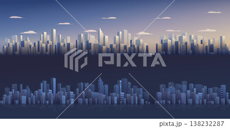 City buildings skyline modern architecture sunset and night cityscape background horizontal. Urban silhouette landscape of modern city. Panorama in flat style. Cityscape, vector illustration City buildings skyline modern architecture sunset and night cityscape background horizontal. Urban silhouette landscape of modern city. Panorama in flat style. Cityscape, vector illustration 138232287